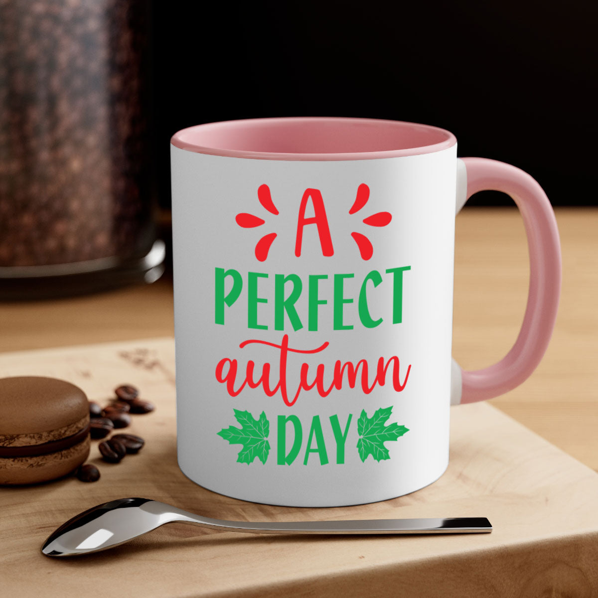 A Perfect Autumn Day Mug featuring a glossy finish, colored handle, and interior, available in five vibrant colors.