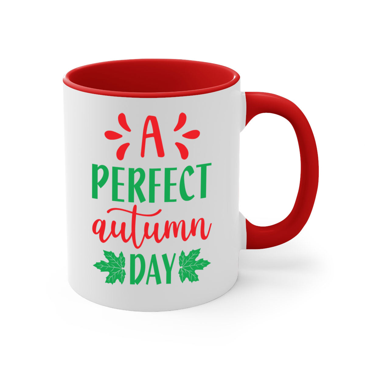 A Perfect Autumn Day Mug featuring a glossy finish, colored handle, and interior, available in five vibrant colors.