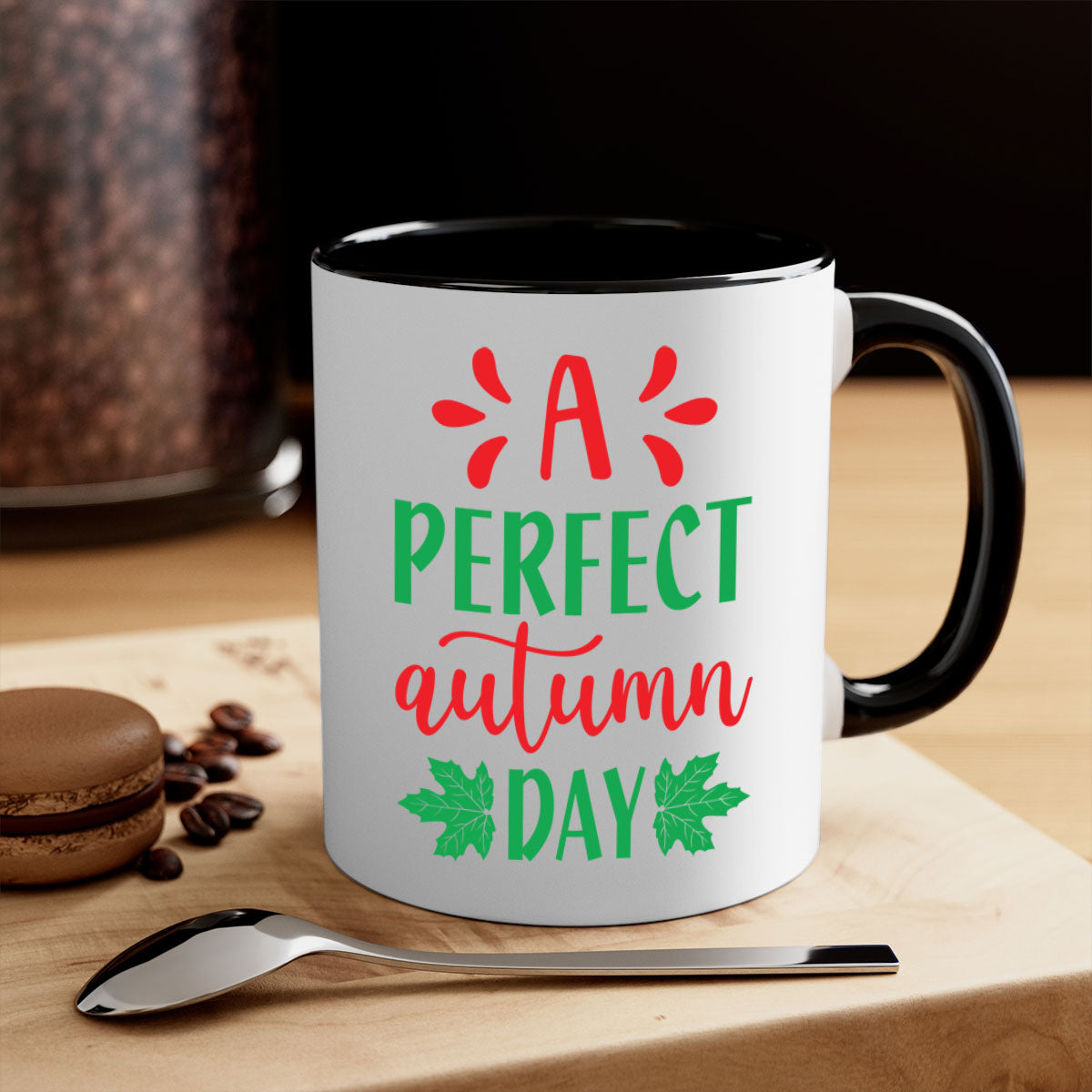 A Perfect Autumn Day Mug featuring a glossy finish, colored handle, and interior, available in five vibrant colors.