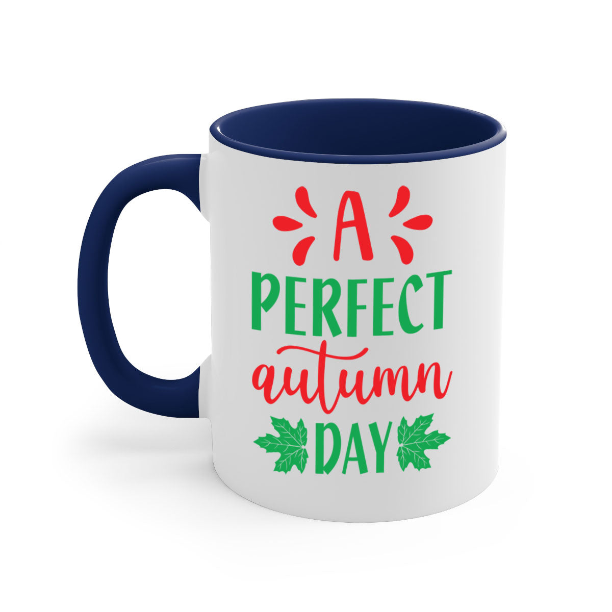 A Perfect Autumn Day Mug featuring a glossy finish, colored handle, and interior, available in five vibrant colors.