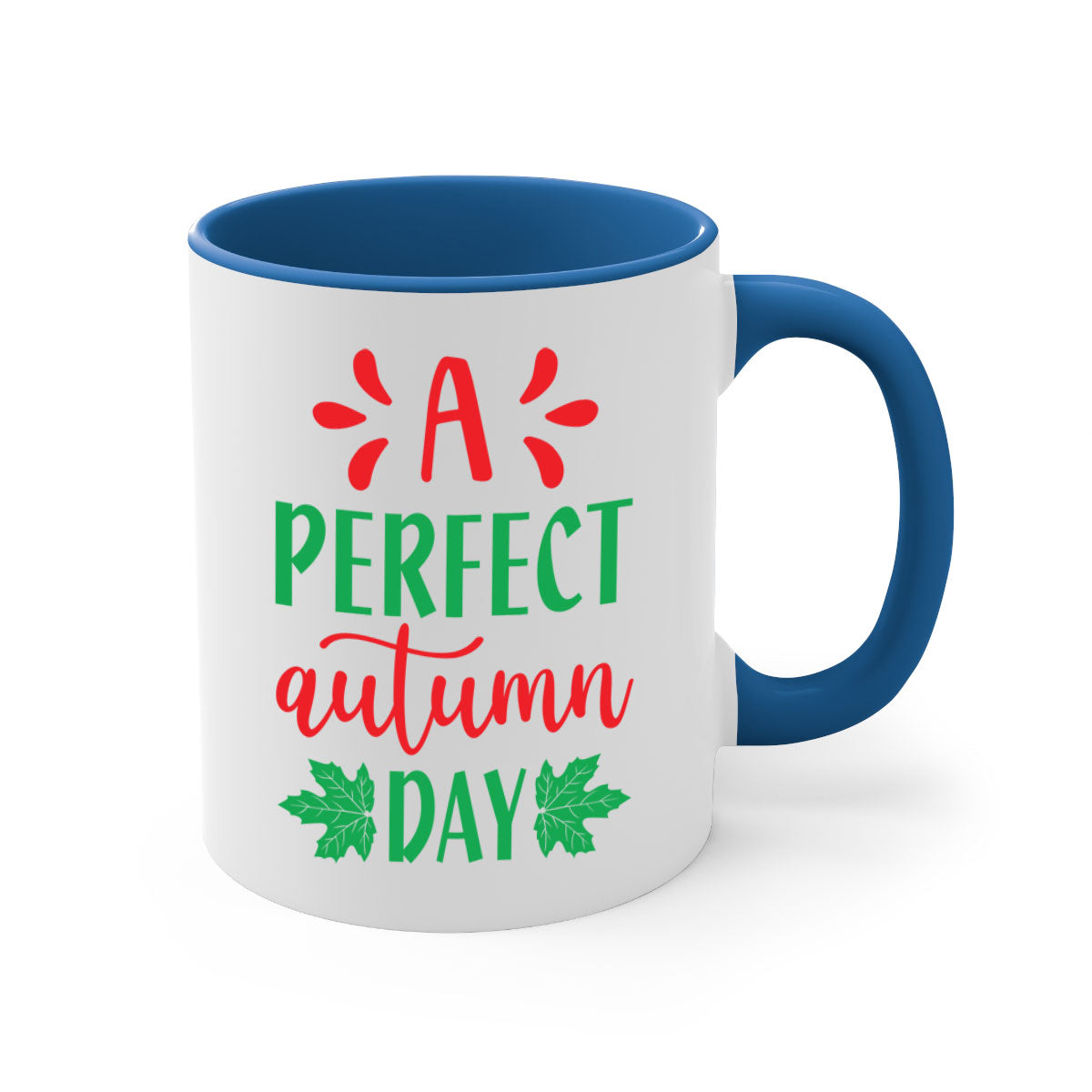 A Perfect Autumn Day Mug featuring a glossy finish, colored handle, and interior, available in five vibrant colors.