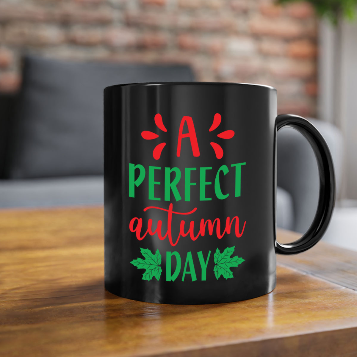 A Perfect Autumn Day Mug featuring a glossy finish, colored handle, and interior, available in five vibrant colors.