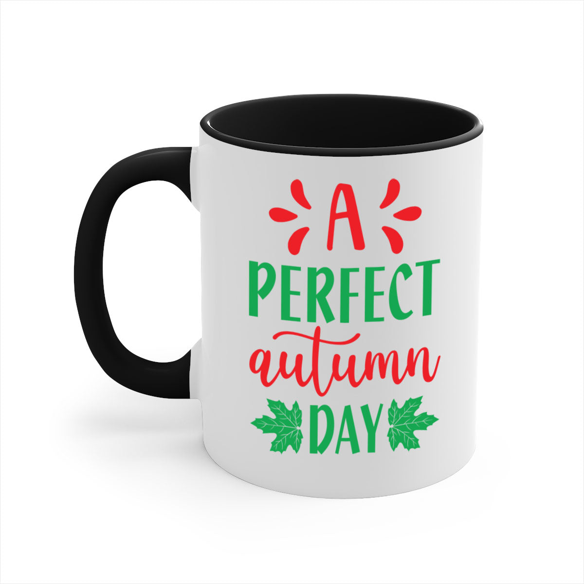 A Perfect Autumn Day Mug featuring a glossy finish, colored handle, and interior, available in five vibrant colors.