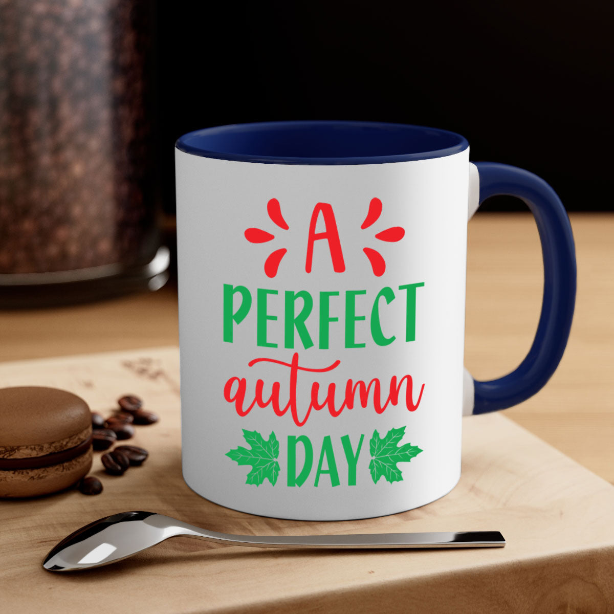 A Perfect Autumn Day Mug featuring a glossy finish, colored handle, and interior, available in five vibrant colors.