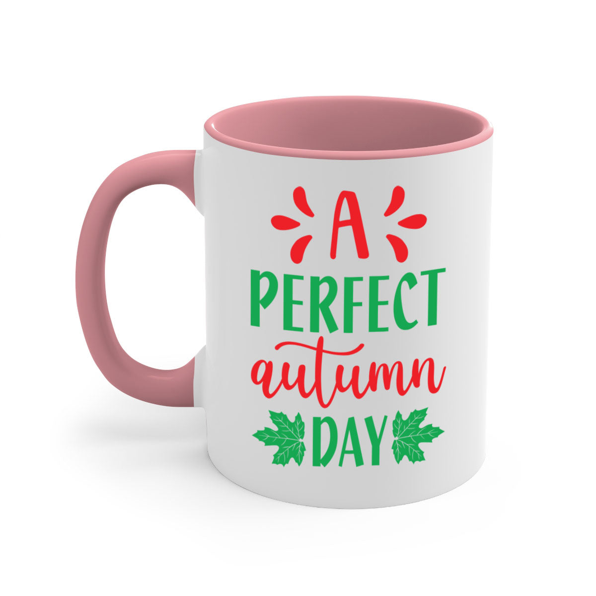 A Perfect Autumn Day Mug featuring a glossy finish, colored handle, and interior, available in five vibrant colors.