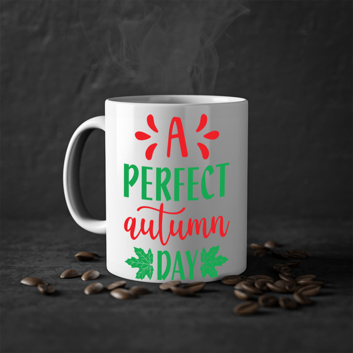 A Perfect Autumn Day Mug featuring a glossy finish, colored handle, and interior, available in five vibrant colors.