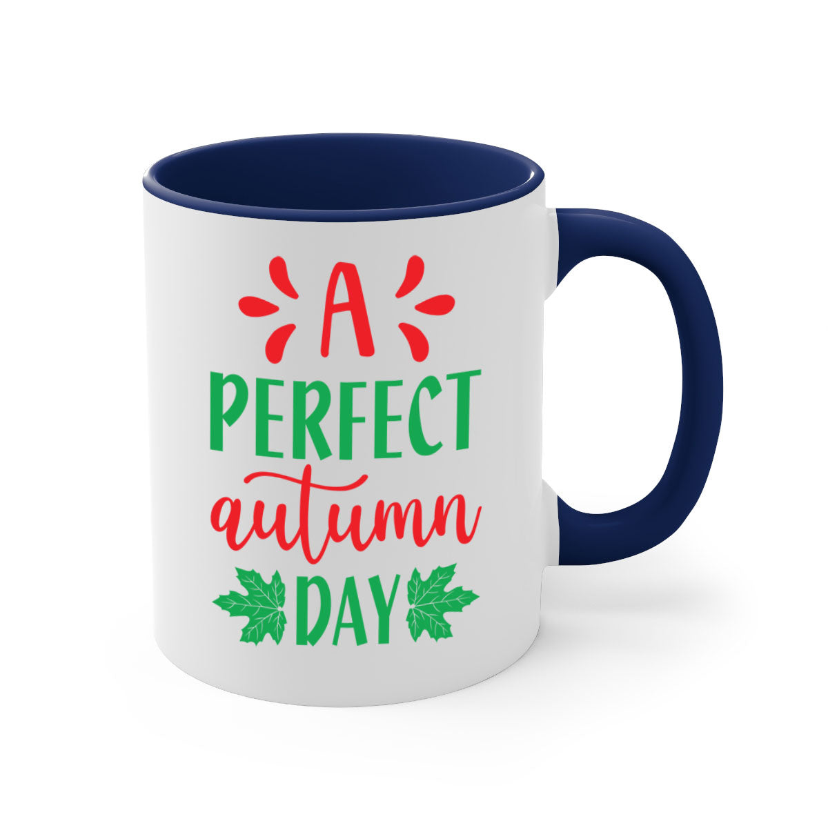 A Perfect Autumn Day Mug featuring a glossy finish, colored handle, and interior, available in five vibrant colors.