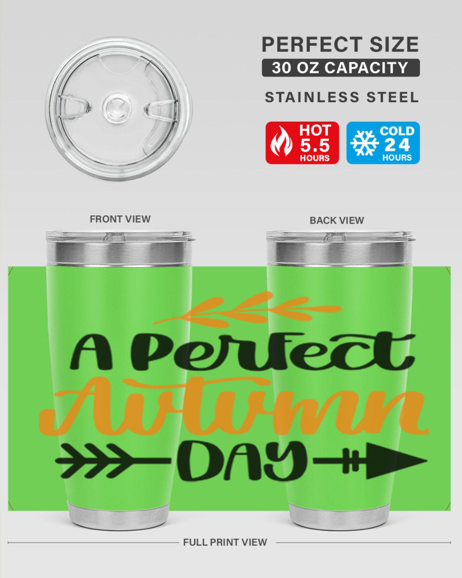 A Perfect Autumn Day 470# Tumbler in stainless steel with a vibrant autumn-themed design, featuring a drink-thru lid.