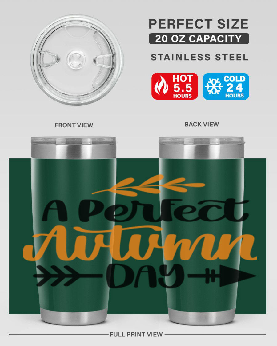 A Perfect Autumn Day 470# Tumbler in stainless steel with a vibrant autumn-themed design, featuring a drink-thru lid.