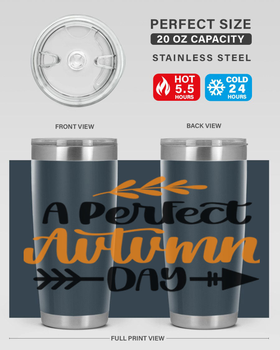A Perfect Autumn Day 470# Tumbler in stainless steel with a vibrant autumn-themed design, featuring a drink-thru lid.