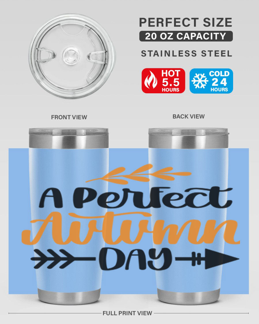 A Perfect Autumn Day 470# Tumbler in stainless steel with a vibrant autumn-themed design, featuring a drink-thru lid.