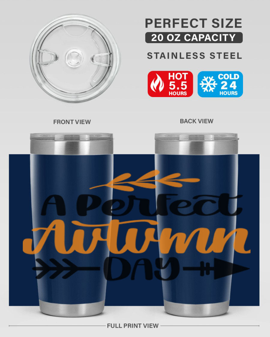 A Perfect Autumn Day 470# Tumbler in stainless steel with a vibrant autumn-themed design, featuring a drink-thru lid.