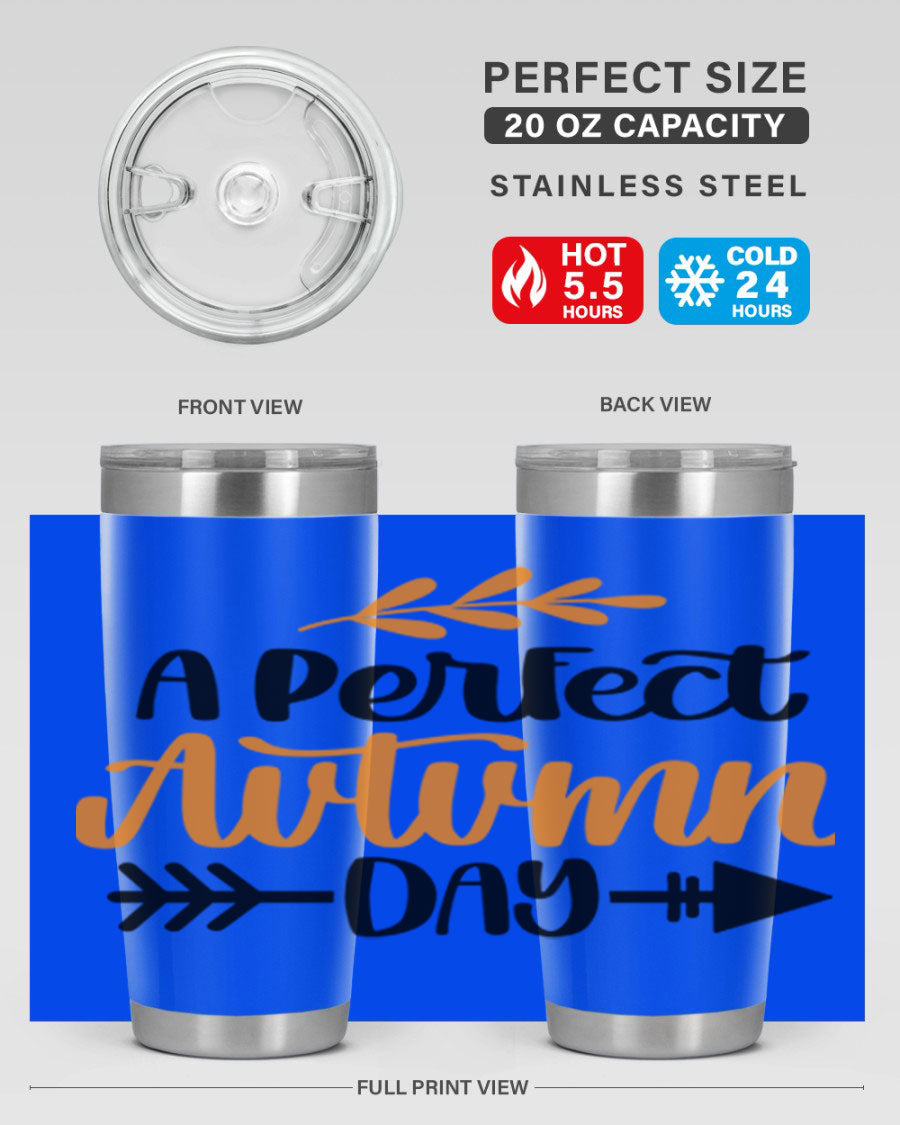 A Perfect Autumn Day 470# Tumbler in stainless steel with a vibrant autumn-themed design, featuring a drink-thru lid.