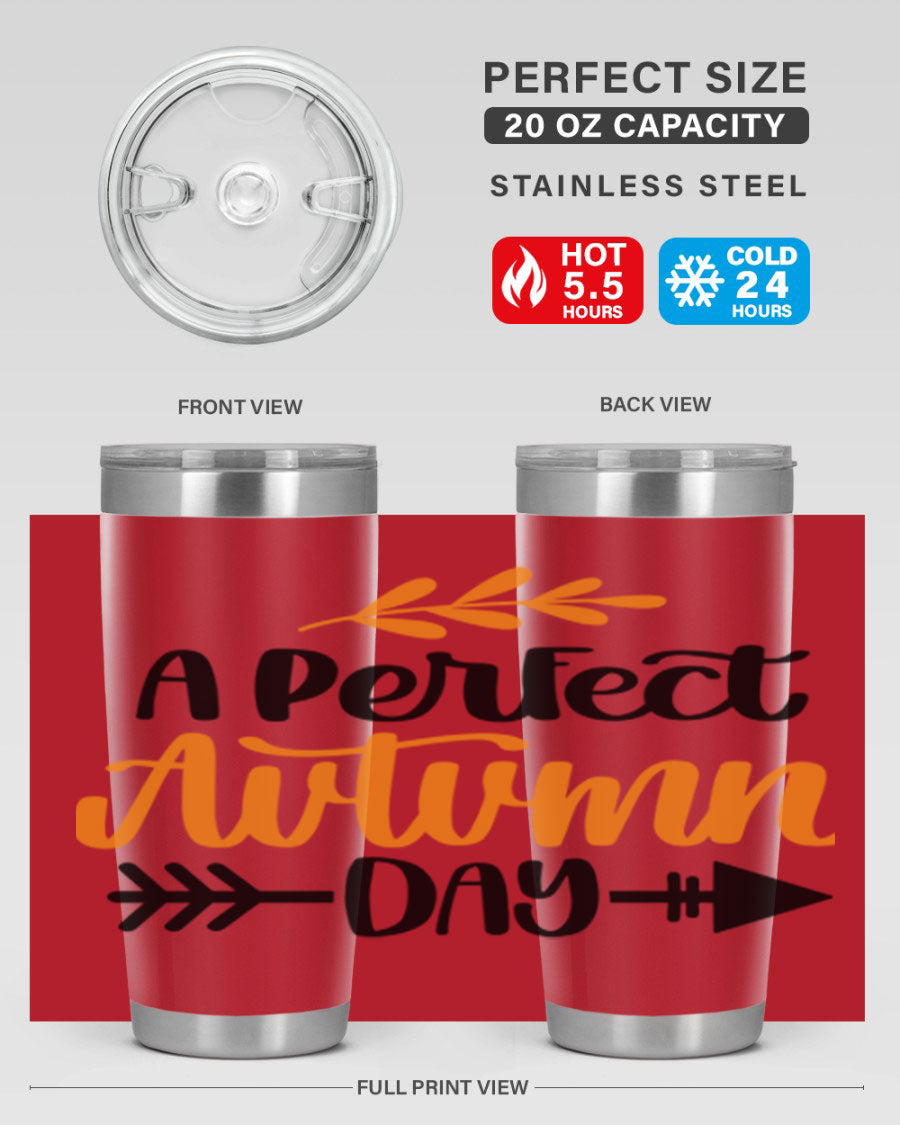 A Perfect Autumn Day 470# Tumbler in stainless steel with a vibrant autumn-themed design, featuring a drink-thru lid.