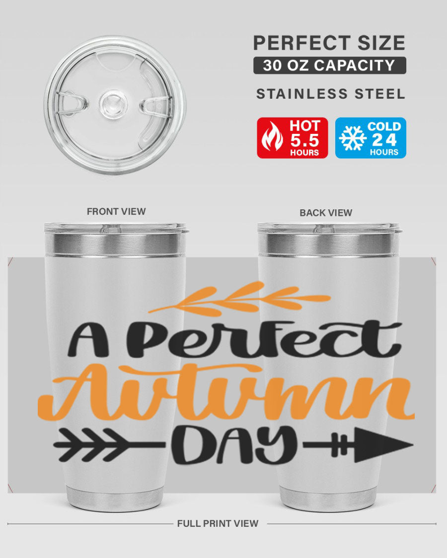 A Perfect Autumn Day 470# Tumbler in stainless steel with a vibrant autumn-themed design, featuring a drink-thru lid.