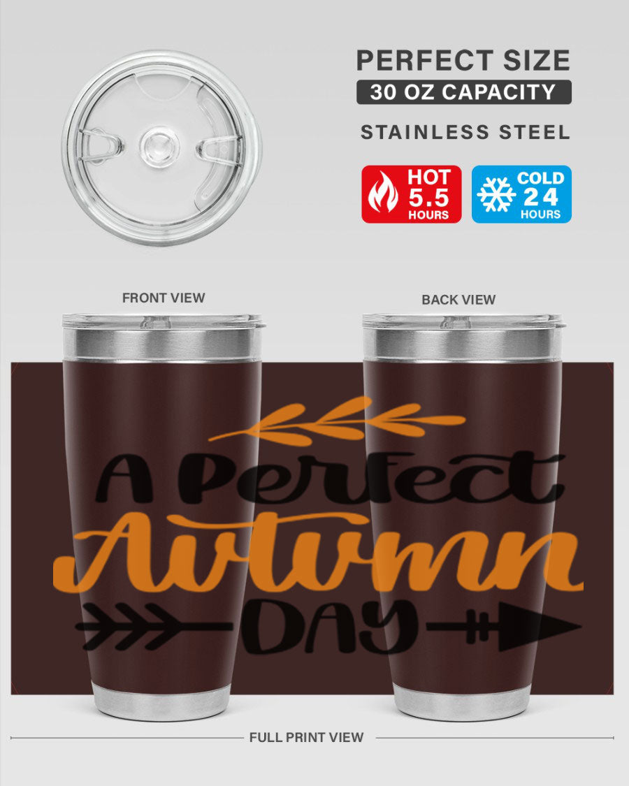 A Perfect Autumn Day 470# Tumbler in stainless steel with a vibrant autumn-themed design, featuring a drink-thru lid.