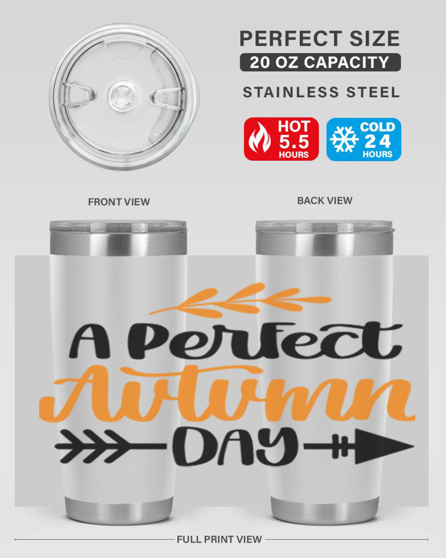 A Perfect Autumn Day 470# Tumbler in stainless steel with a vibrant autumn-themed design, featuring a drink-thru lid.