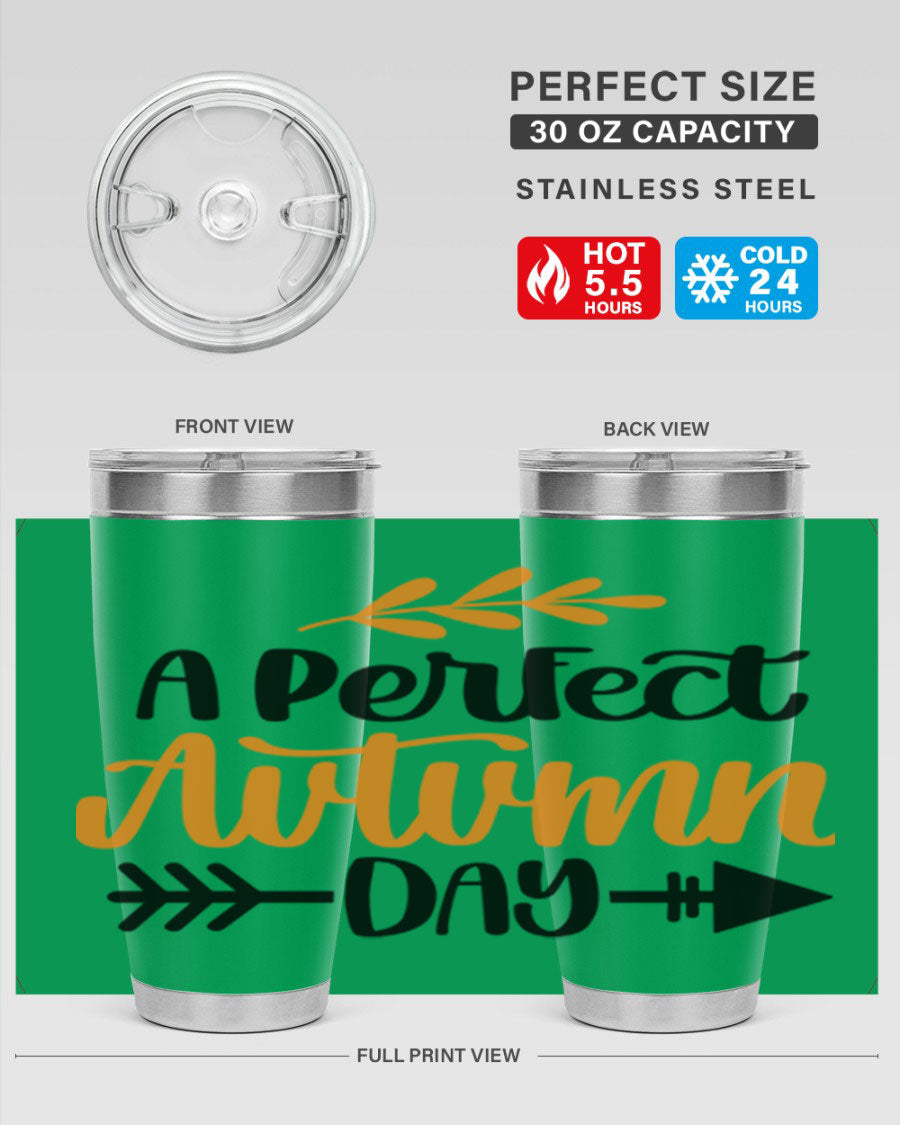 A Perfect Autumn Day 470# Tumbler in stainless steel with a vibrant autumn-themed design, featuring a drink-thru lid.