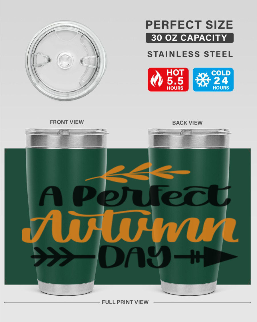 A Perfect Autumn Day 470# Tumbler in stainless steel with a vibrant autumn-themed design, featuring a drink-thru lid.