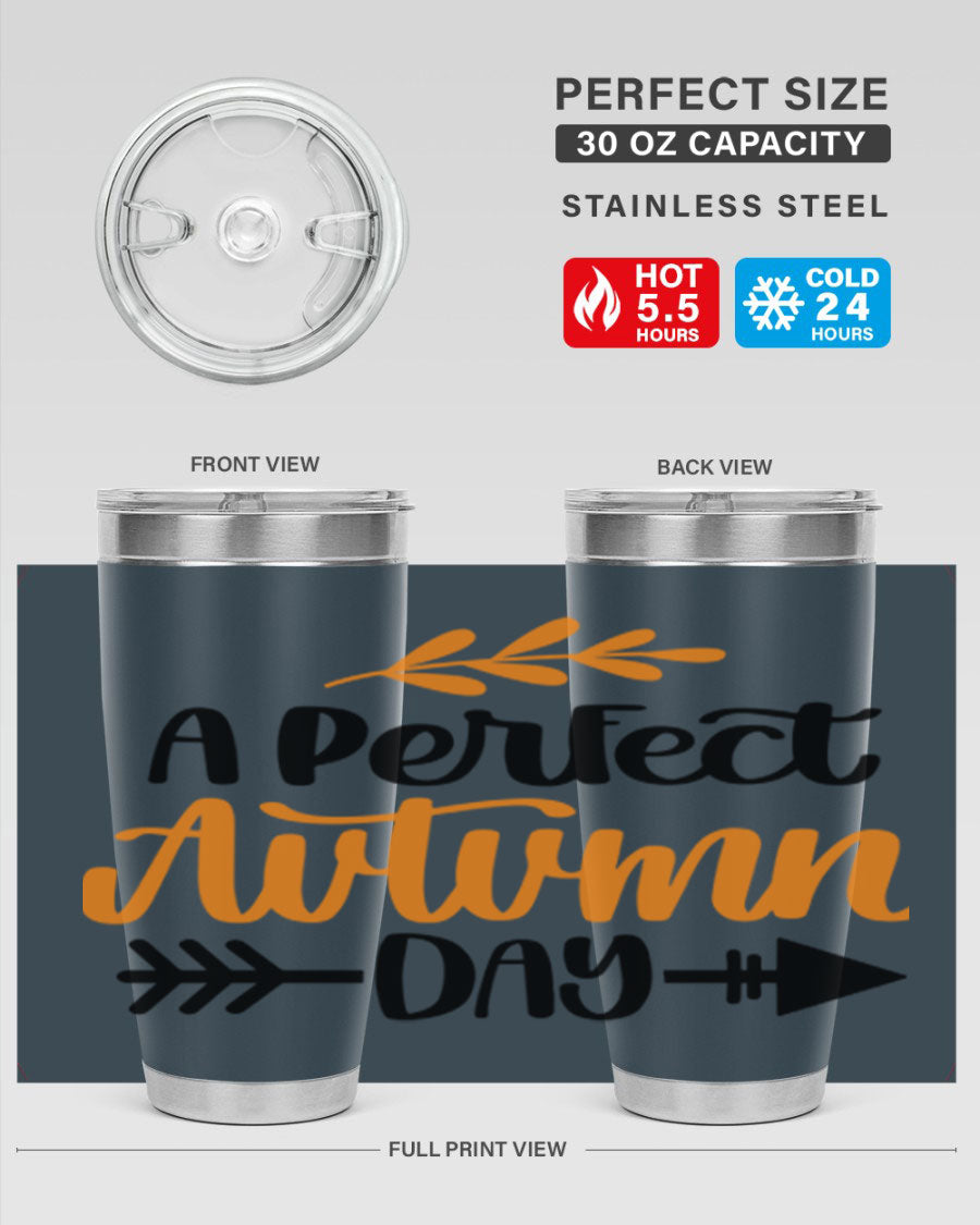 A Perfect Autumn Day 470# Tumbler in stainless steel with a vibrant autumn-themed design, featuring a drink-thru lid.
