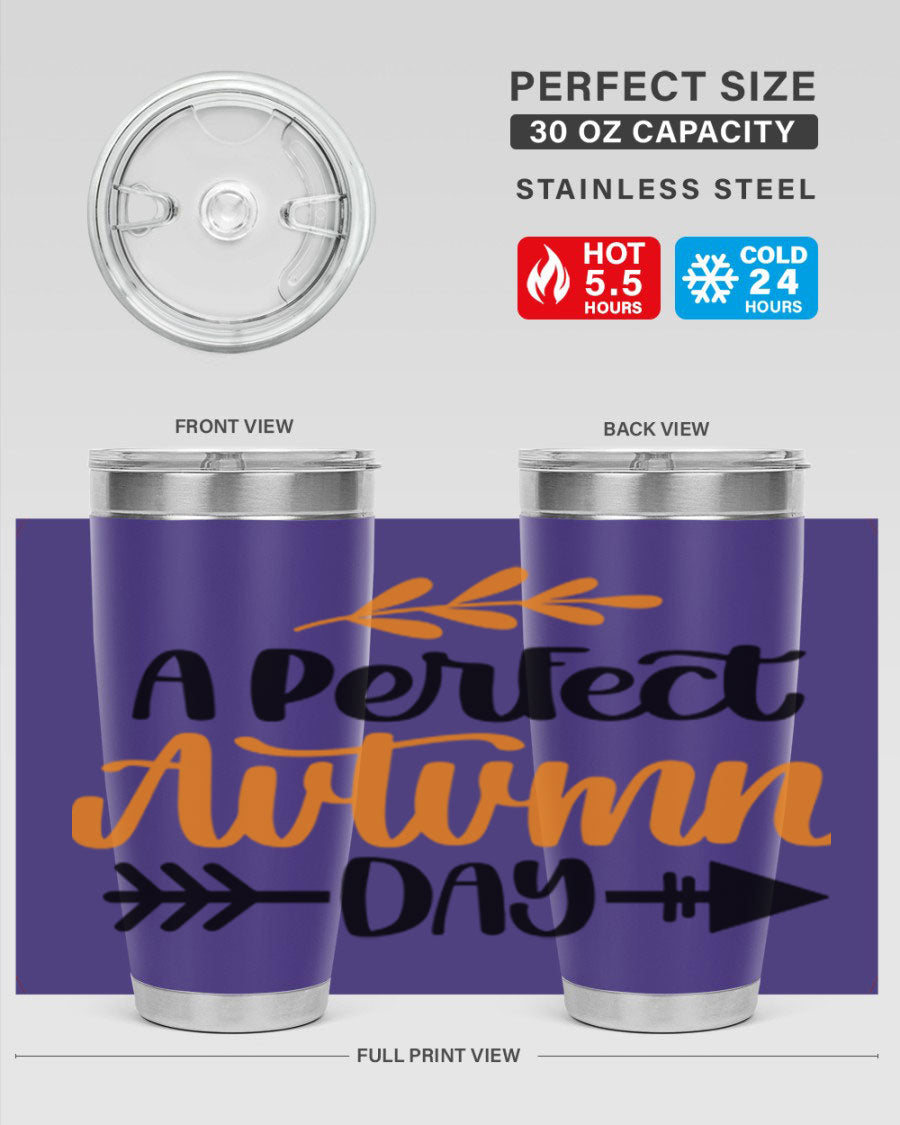 A Perfect Autumn Day 470# Tumbler in stainless steel with a vibrant autumn-themed design, featuring a drink-thru lid.