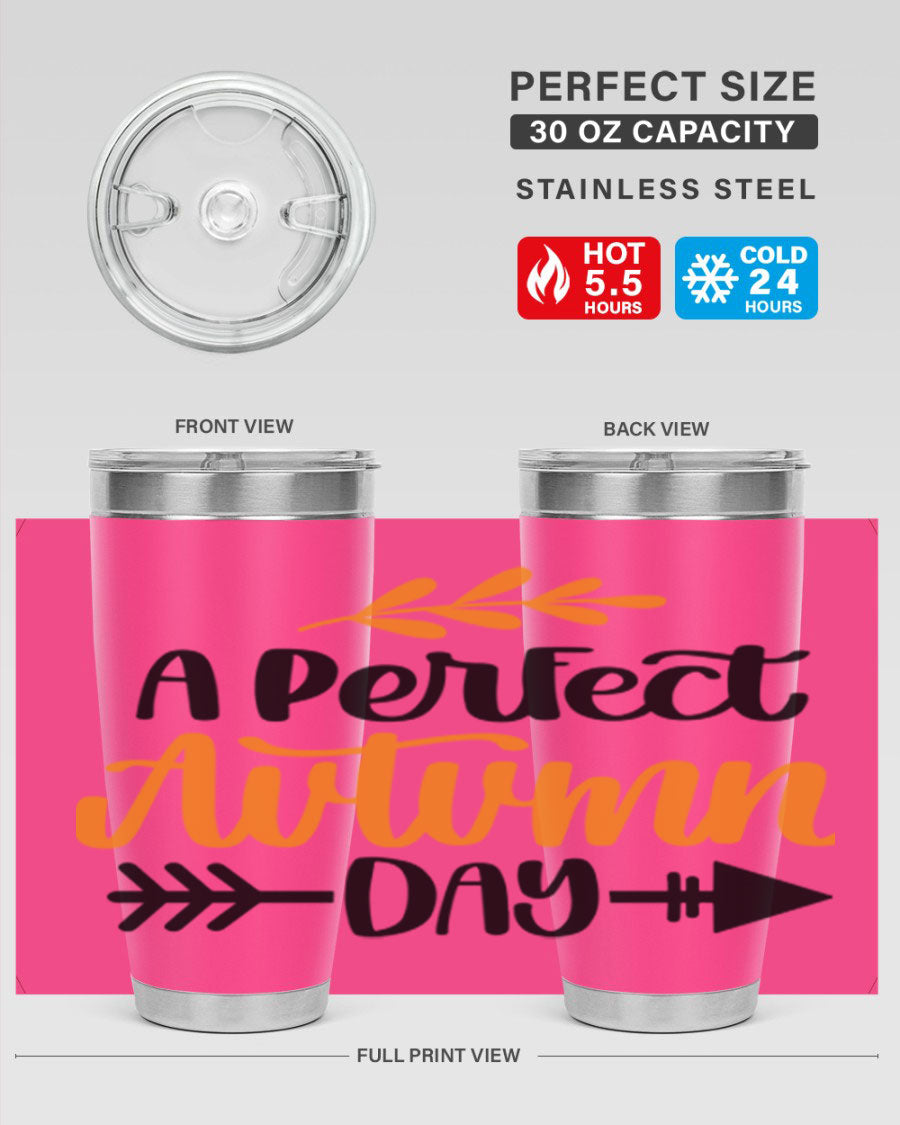 A Perfect Autumn Day 470# Tumbler in stainless steel with a vibrant autumn-themed design, featuring a drink-thru lid.
