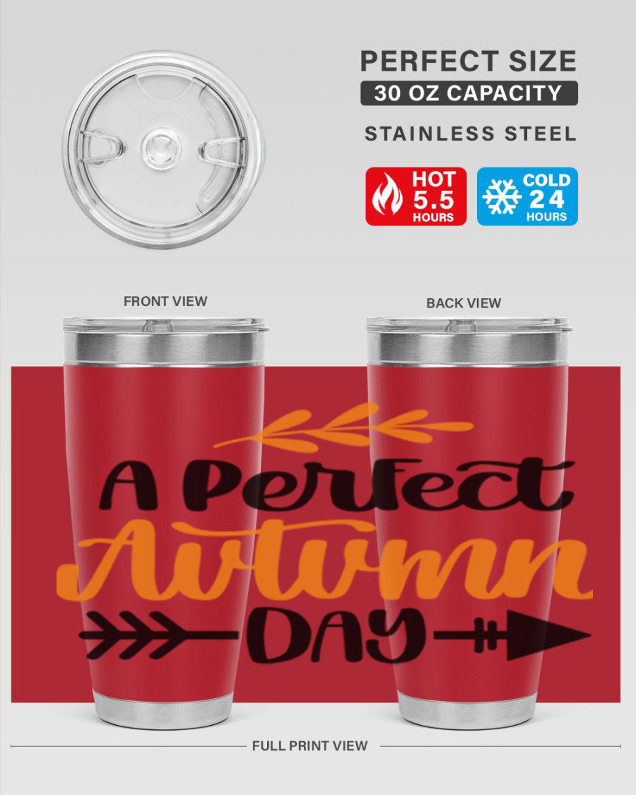 A Perfect Autumn Day 470# Tumbler in stainless steel with a vibrant autumn-themed design, featuring a drink-thru lid.