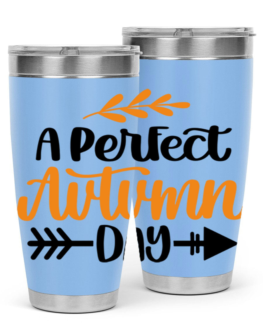 A Perfect Autumn Day 470# Tumbler in stainless steel with a vibrant autumn-themed design, featuring a drink-thru lid.