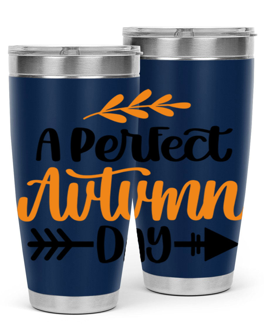 A Perfect Autumn Day 470# Tumbler in stainless steel with a vibrant autumn-themed design, featuring a drink-thru lid.