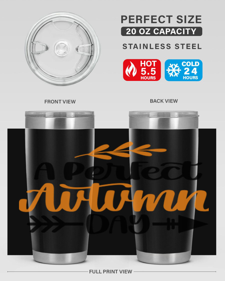 A Perfect Autumn Day 470# Tumbler in stainless steel with a vibrant autumn-themed design, featuring a drink-thru lid.