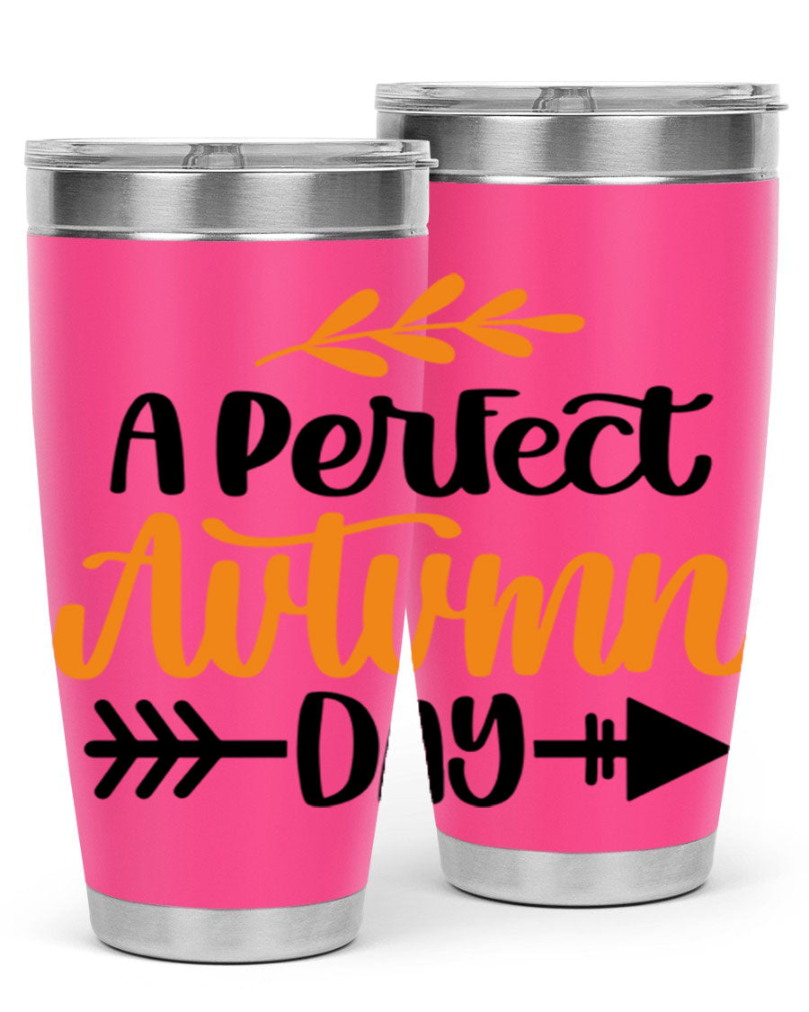 A Perfect Autumn Day 470# Tumbler in stainless steel with a vibrant autumn-themed design, featuring a drink-thru lid.