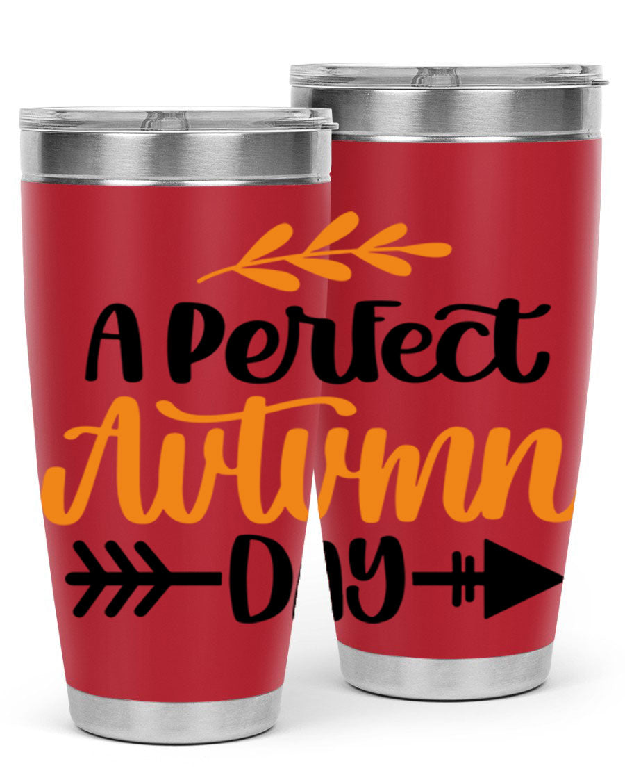 A Perfect Autumn Day 470# Tumbler in stainless steel with a vibrant autumn-themed design, featuring a drink-thru lid.