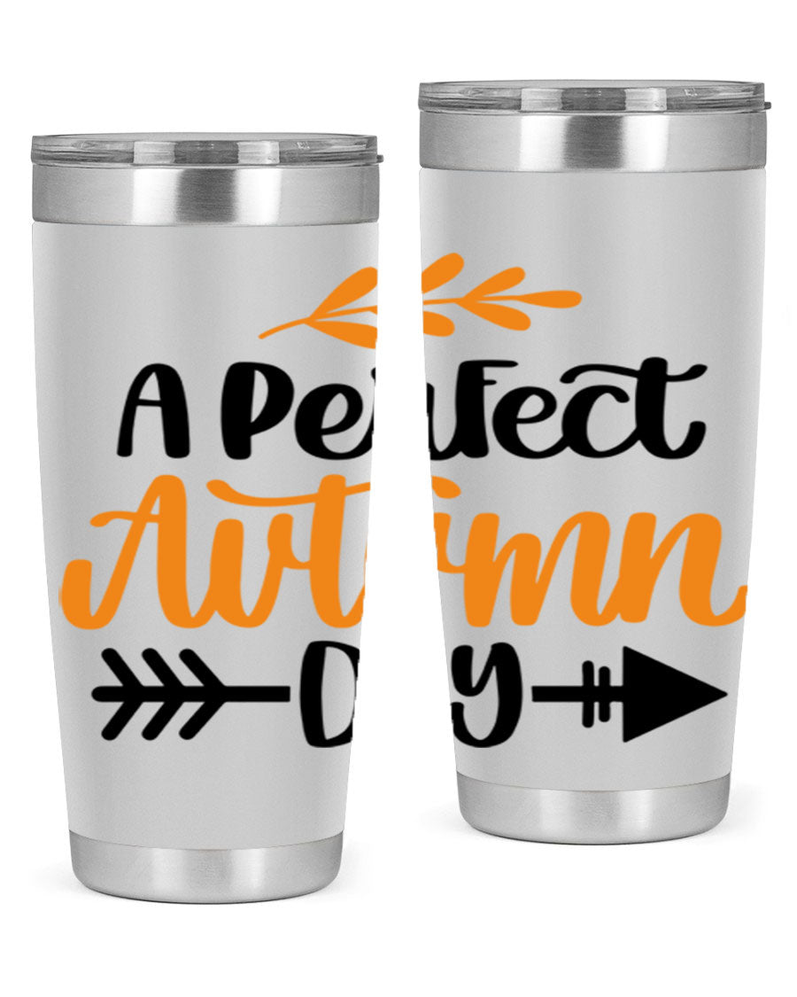 A Perfect Autumn Day 470# Tumbler in stainless steel with a vibrant autumn-themed design, featuring a drink-thru lid.