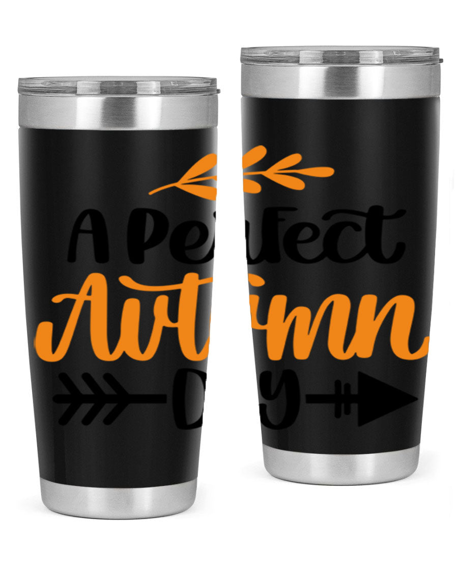 A Perfect Autumn Day 470# Tumbler in stainless steel with a vibrant autumn-themed design, featuring a drink-thru lid.