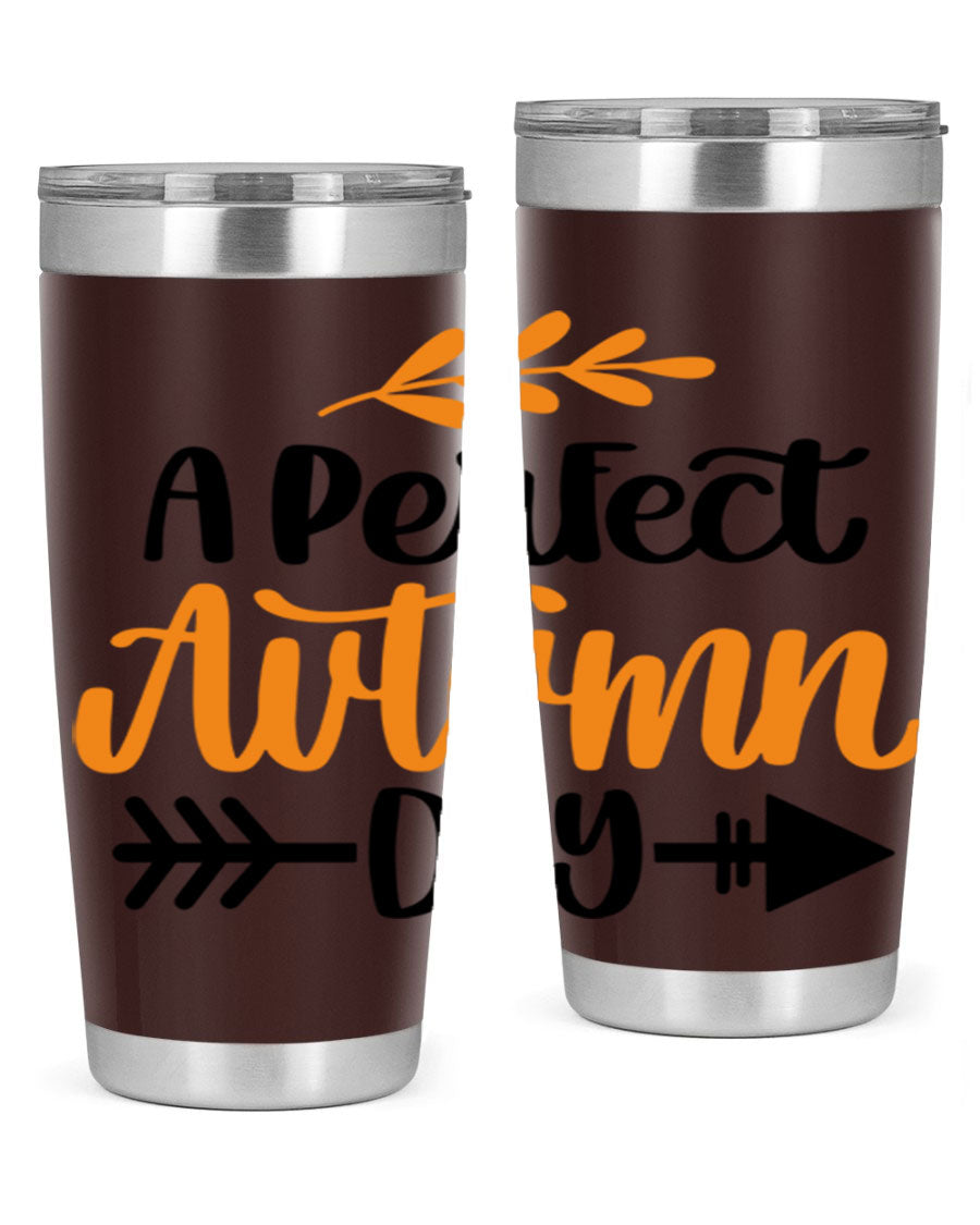 A Perfect Autumn Day 470# Tumbler in stainless steel with a vibrant autumn-themed design, featuring a drink-thru lid.