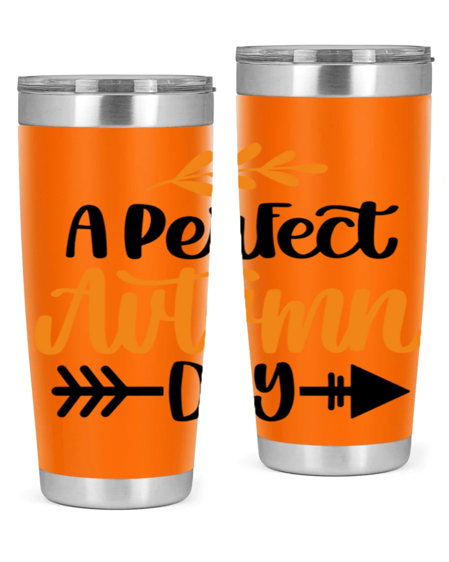 A Perfect Autumn Day 470# Tumbler in stainless steel with a vibrant autumn-themed design, featuring a drink-thru lid.