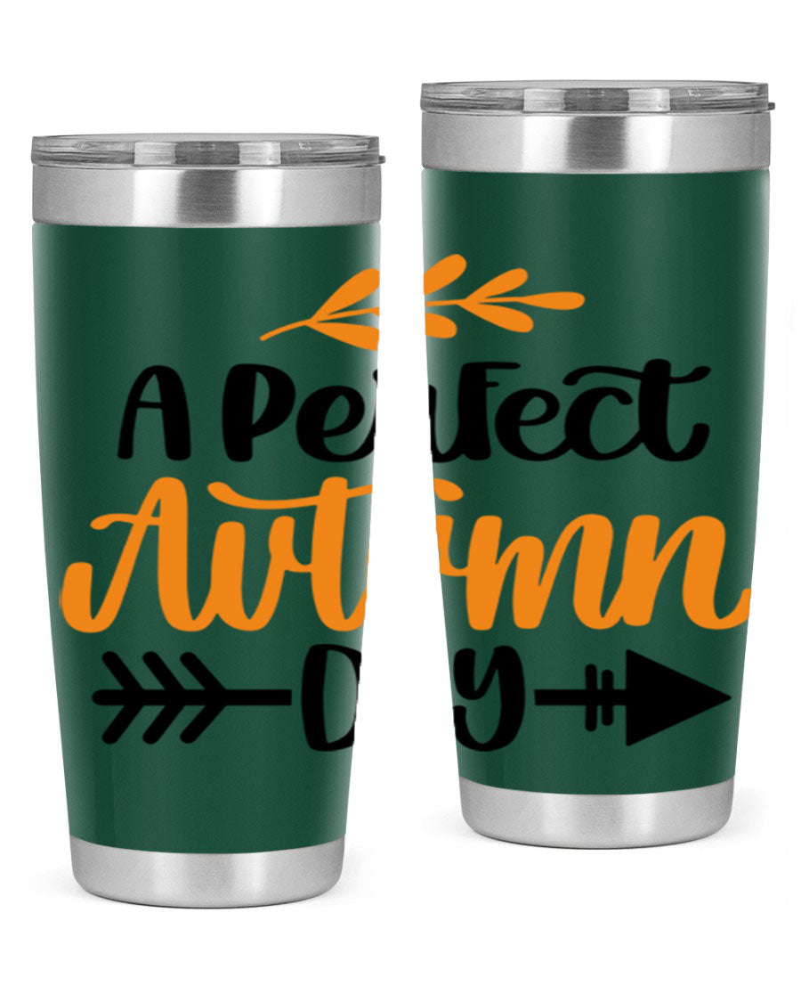 A Perfect Autumn Day 470# Tumbler in stainless steel with a vibrant autumn-themed design, featuring a drink-thru lid.