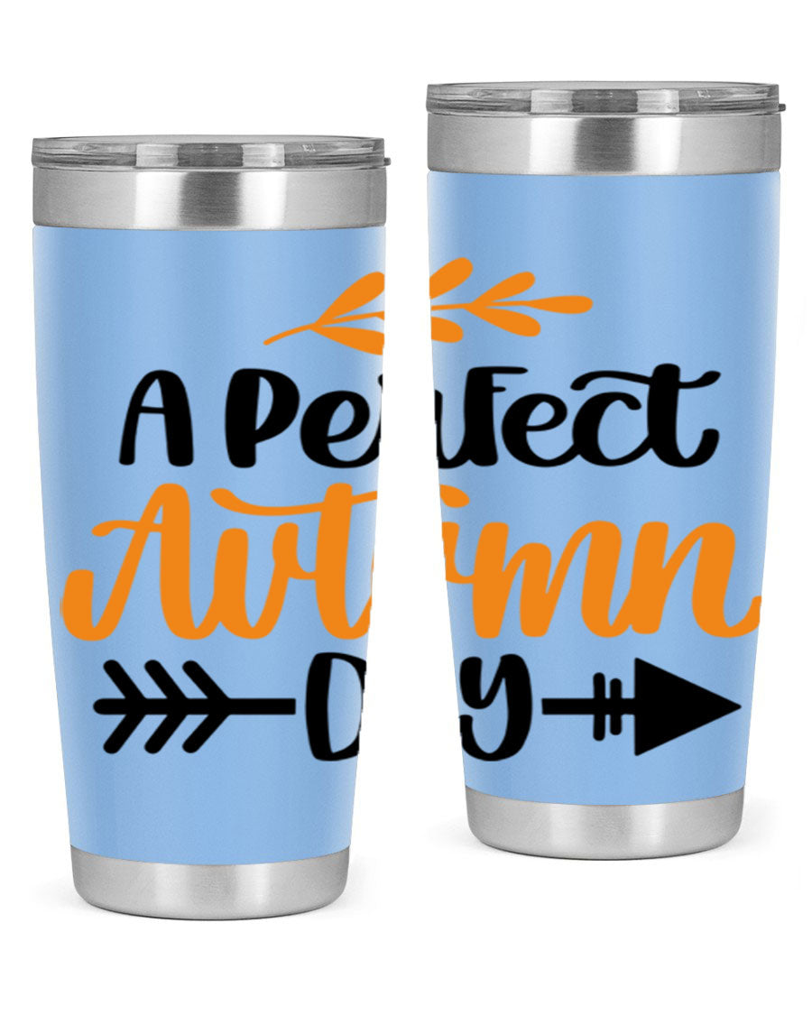 A Perfect Autumn Day 470# Tumbler in stainless steel with a vibrant autumn-themed design, featuring a drink-thru lid.