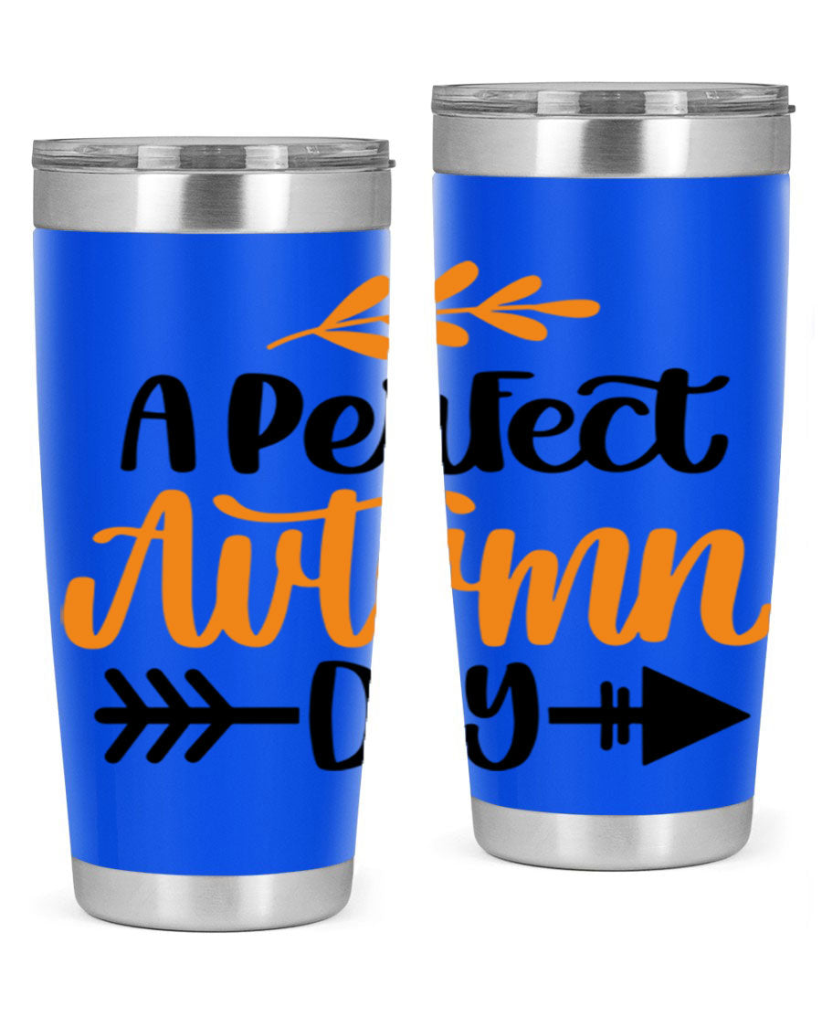 A Perfect Autumn Day 470# Tumbler in stainless steel with a vibrant autumn-themed design, featuring a drink-thru lid.