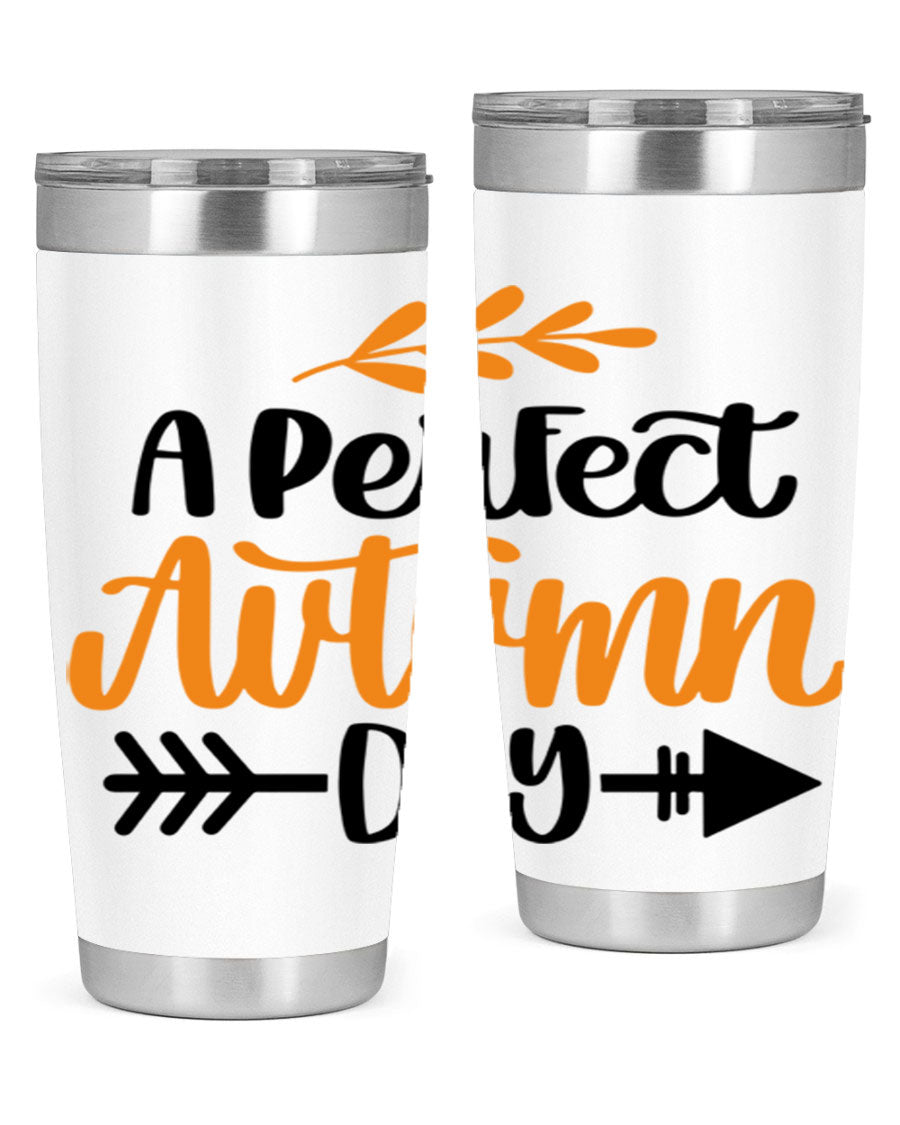 A Perfect Autumn Day 470# Tumbler in stainless steel with a vibrant autumn-themed design, featuring a drink-thru lid.