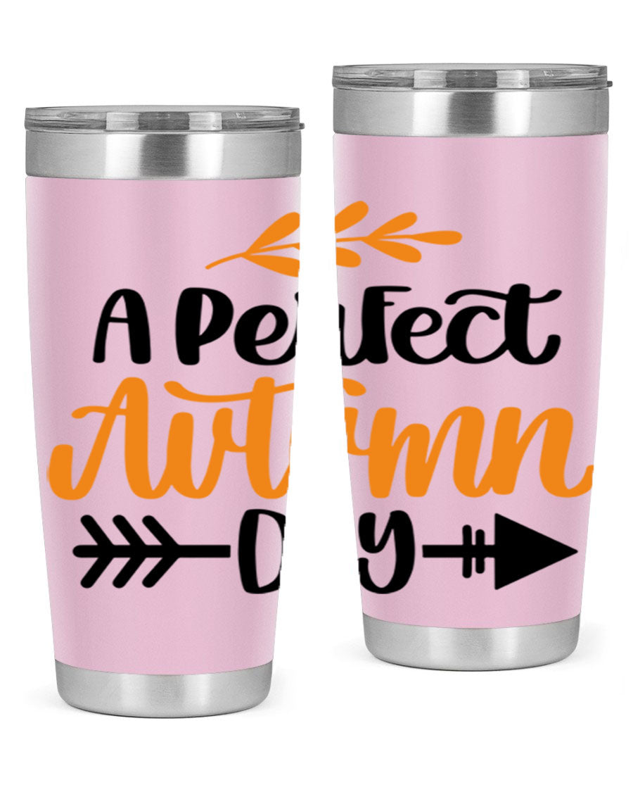 A Perfect Autumn Day 470# Tumbler in stainless steel with a vibrant autumn-themed design, featuring a drink-thru lid.
