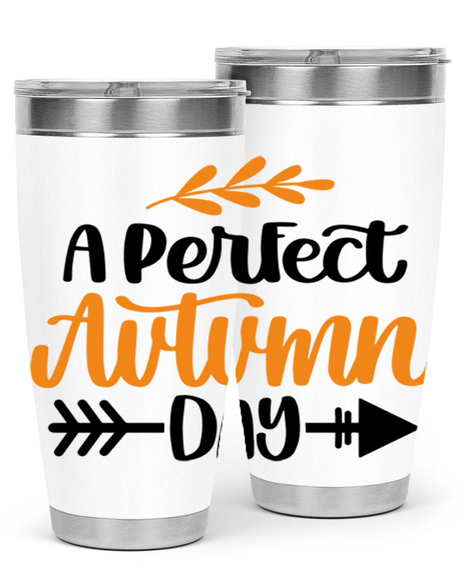 A Perfect Autumn Day 470# Tumbler in stainless steel with a vibrant autumn-themed design, featuring a drink-thru lid.
