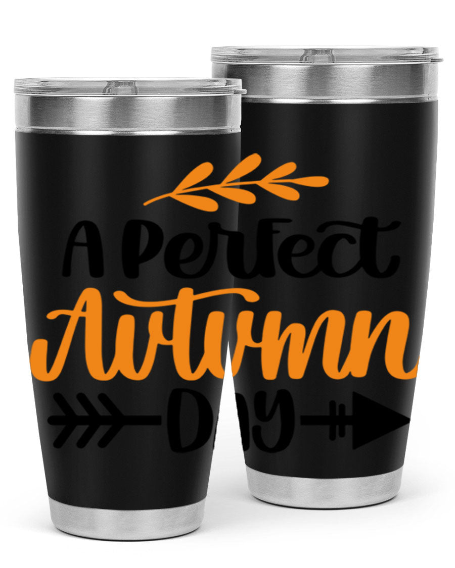 A Perfect Autumn Day 470# Tumbler in stainless steel with a vibrant autumn-themed design, featuring a drink-thru lid.