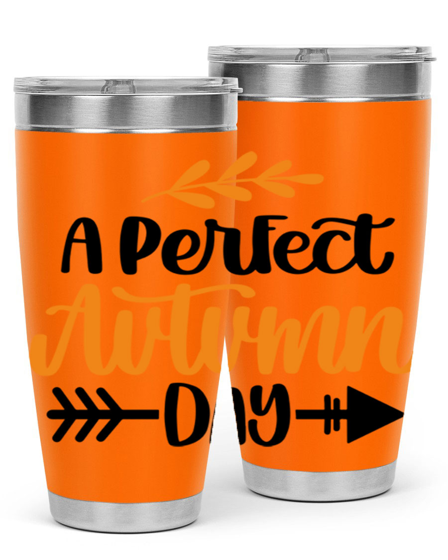A Perfect Autumn Day 470# Tumbler in stainless steel with a vibrant autumn-themed design, featuring a drink-thru lid.