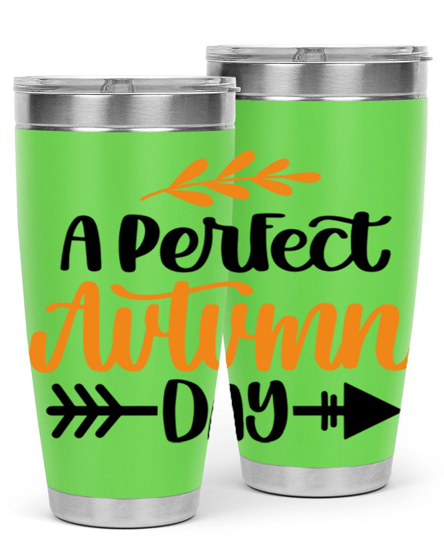 A Perfect Autumn Day 470# Tumbler in stainless steel with a vibrant autumn-themed design, featuring a drink-thru lid.