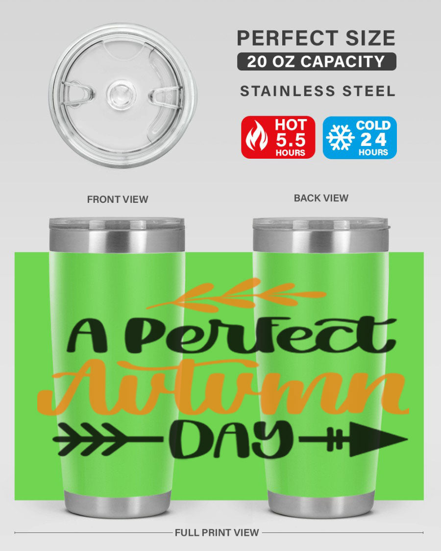 A Perfect Autumn Day 470# Tumbler in stainless steel with a vibrant autumn-themed design, featuring a drink-thru lid.