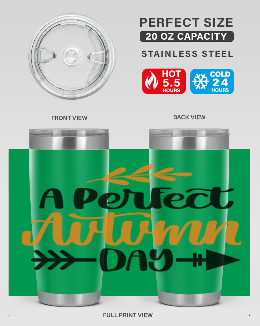 A Perfect Autumn Day 470# Tumbler in stainless steel with a vibrant autumn-themed design, featuring a drink-thru lid.