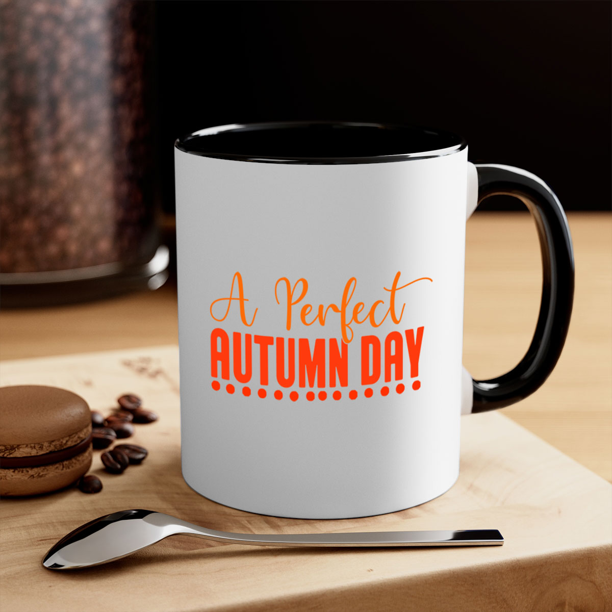 A Perfect Autumn Day Design 2# Mug featuring a two-tone color scheme with a glossy finish and a C-shaped handle, available in multiple colors.
