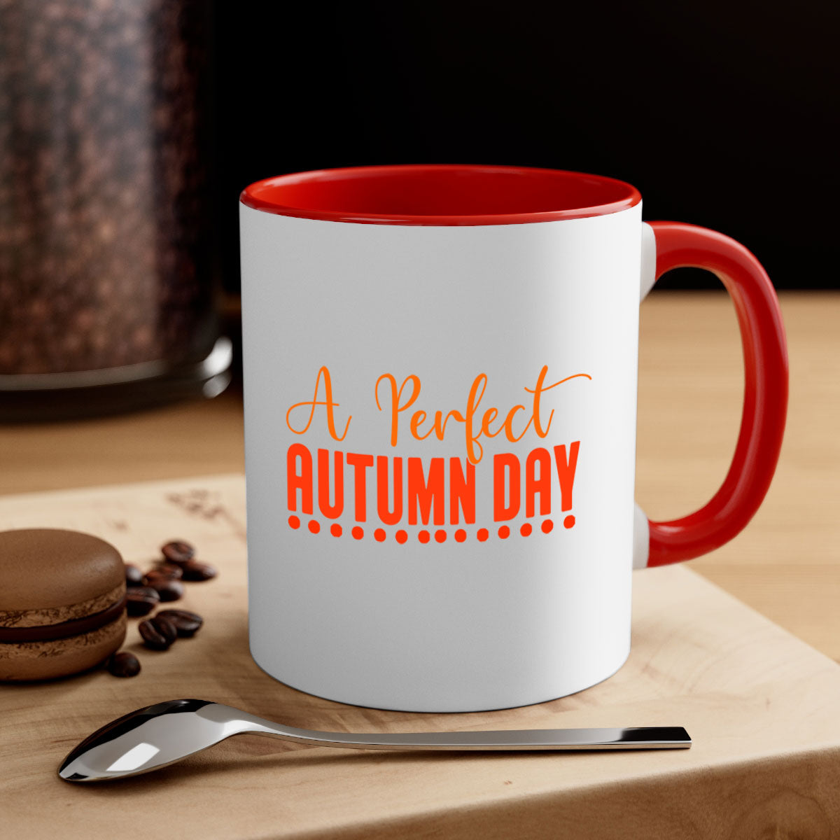A Perfect Autumn Day Design 2# Mug featuring a two-tone color scheme with a glossy finish and a C-shaped handle, available in multiple colors.