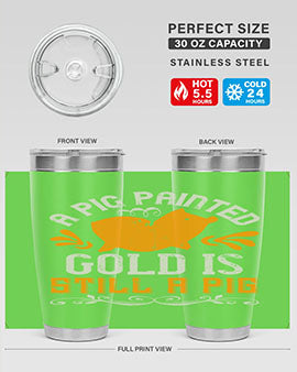 A stylish 20oz tumbler featuring a gold-painted pig design, made from double wall vacuum stainless steel with a drink-thru lid.